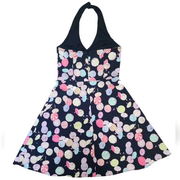 LILY umbrella print mini halter dress vintage, pin-up, size PM black/pink/yellow - Picture 4 of 8
